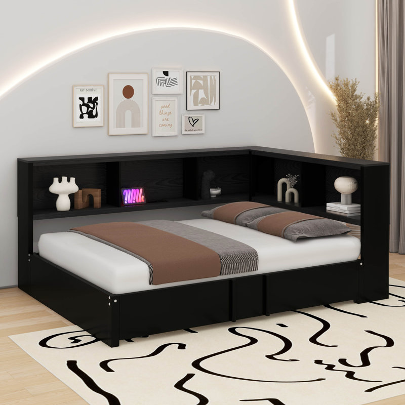 Lit de jour double en métal avec lit gigogne, armoires de rangement et ports USB, Noir