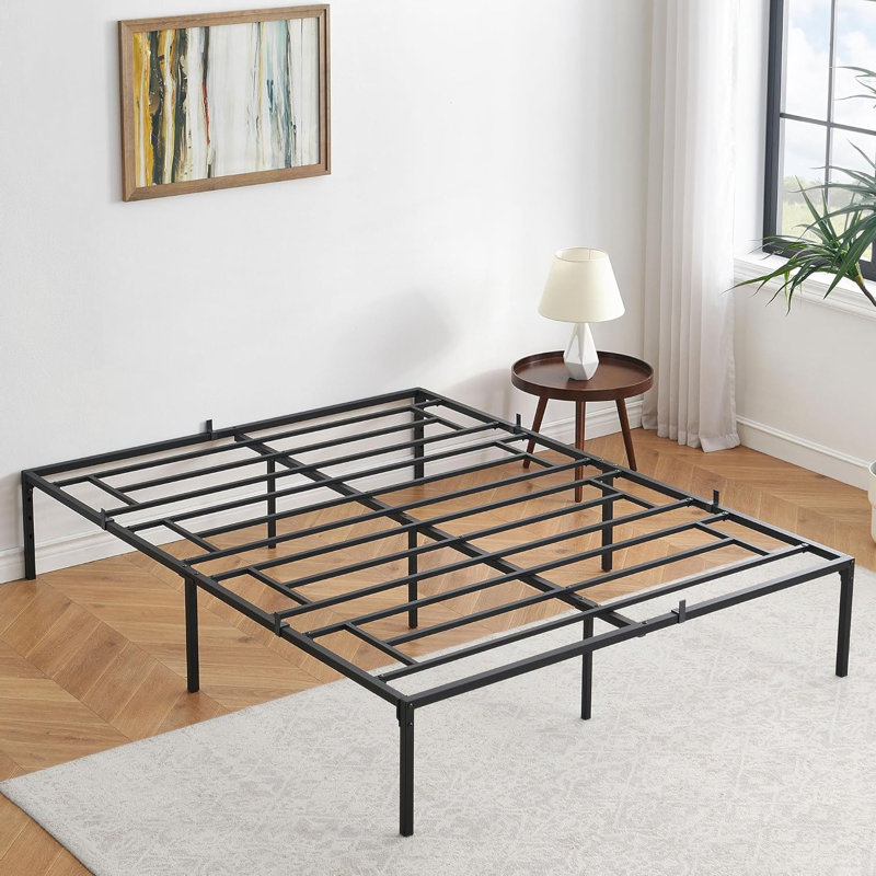 Black Metal Queen Bed Frame with Storage and Slats