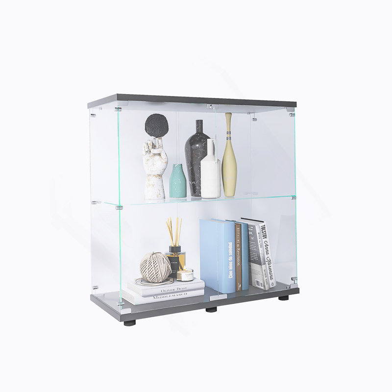 2 Layer Glass Display Cabinet With 2 Doors, Curio Cabinets, Glass Display Cabinet Showcase Countertop With Lock, Tempered Glass With MDF Base