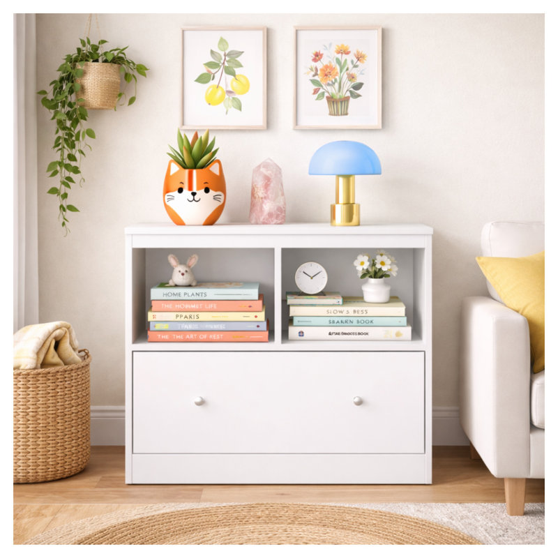 Rangement pour jouets en bois d'ingénierie blanc avec grand tiroir et tablettes ouvertes