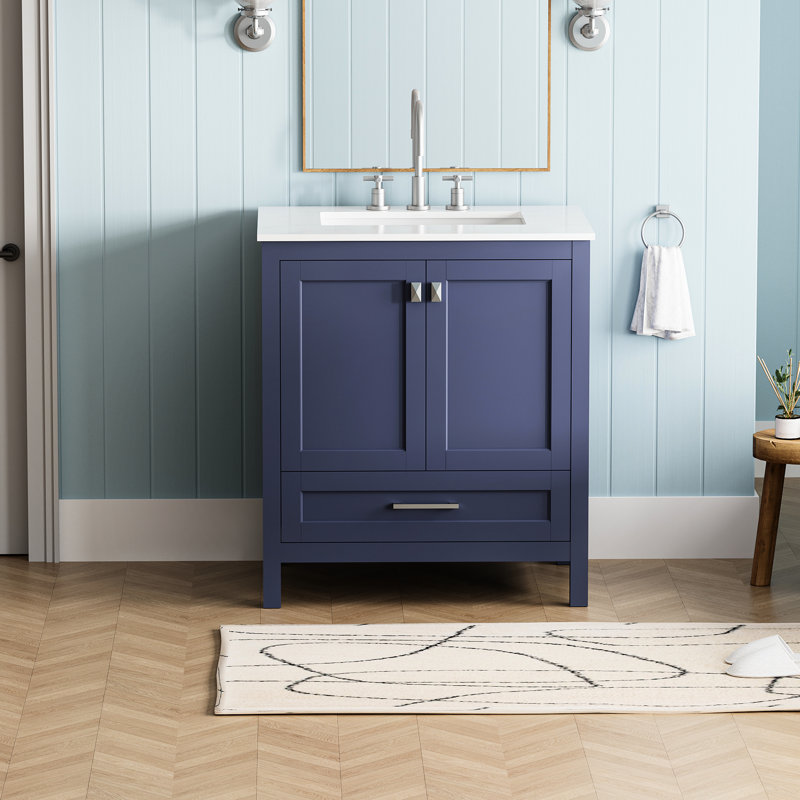 Armoire de salle de bain 30 po - Bleu marine 24V03-30Nb. Entièrement assemblée. Comptoir en marbre. Bois massif. Charnières. Rangement spacieux. Profondeur 31,13 po x l 19,32 po x H 34,24 po. Évier de 92,81 lb assemblé avec