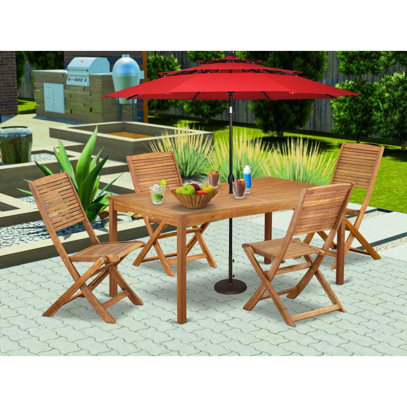 5 Piece Patio Garden Table Set Includes a Rectangle Outdoor Acacia Wood Dining Table and 4 Folding Side Chairs, 36x66 Inch, Natural Oil