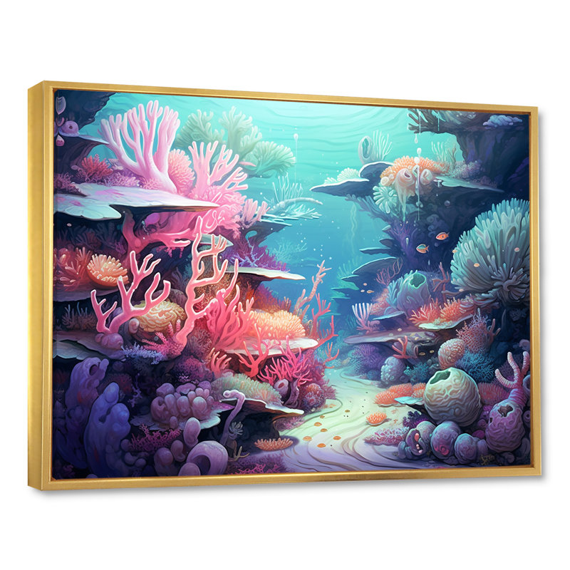 Turquoise et rose sous-marin - Plage et océan, impressions sur toile, Cadre flottant doré, H 16 po x l 32 po x P 1 po