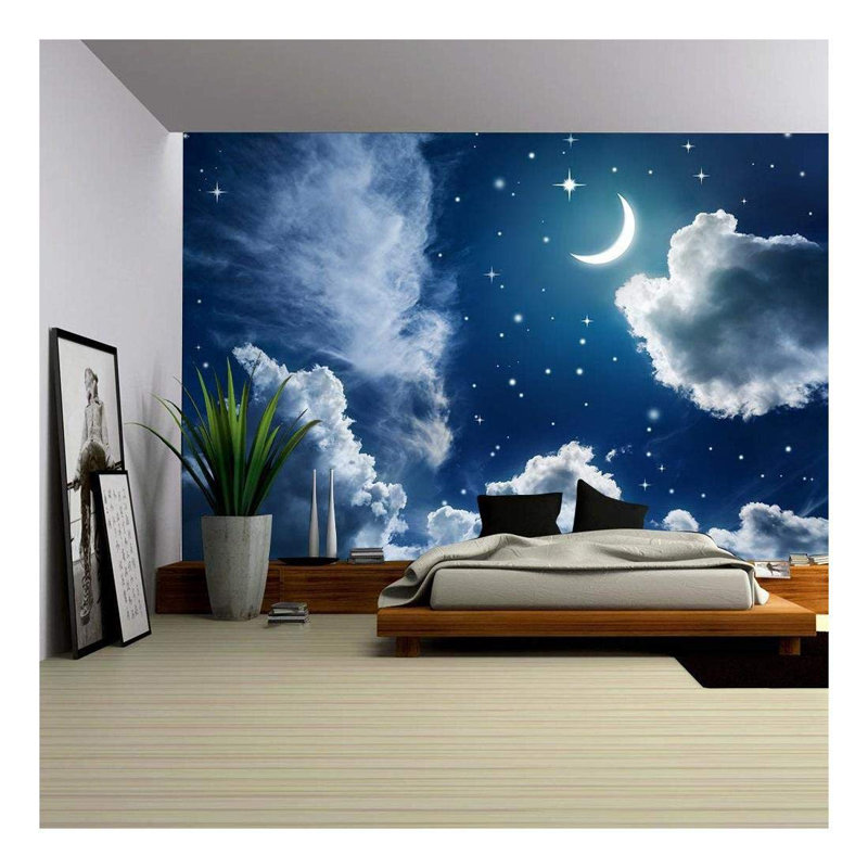Panneau mural nuit avec étoiles et lune, L 100 po x l 144 po