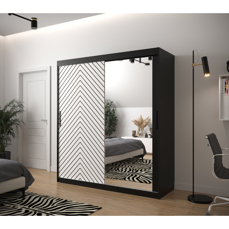 Aroldo 2 Door Manufactured Wood Wardrobe, 200cm H x 180cm W x 62cm D, White/Black