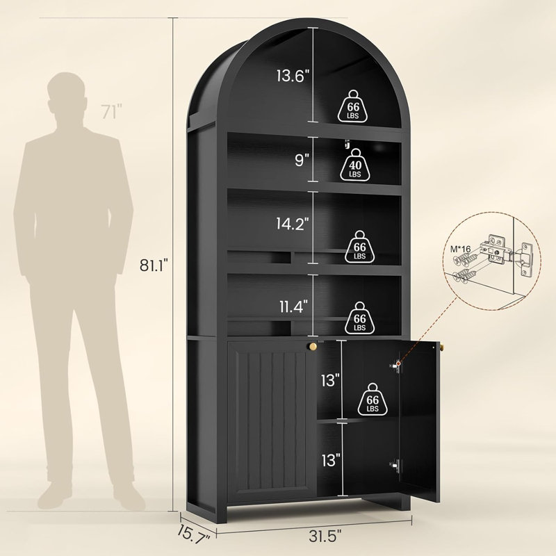 81" Tall Arched Cabinets, Bookcase with Storage, Black