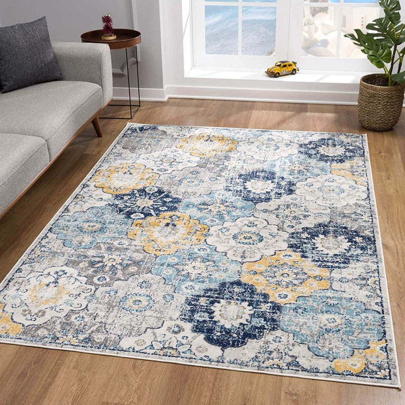 Tapis floral bleu et jaune, Tapis de couloir 2 pi x 13 pi