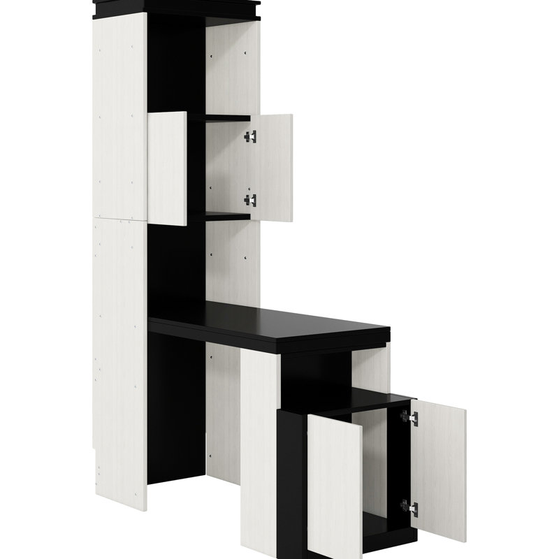 Lit double avec tablettes de rangement, armoires et bureau avec finition et espace noir et blanc, concept de design d'intérieur