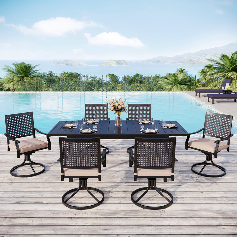 Ensemble repas d'extérieur avec chaises pivotantes et table extensible 7 pièces Argyri