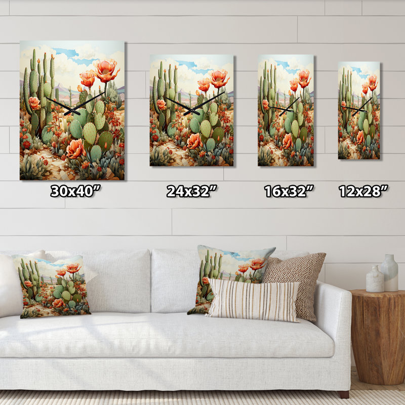 Horloge murale moderne Coral Green Cactus Desert Blooms Pointillism III, Médium