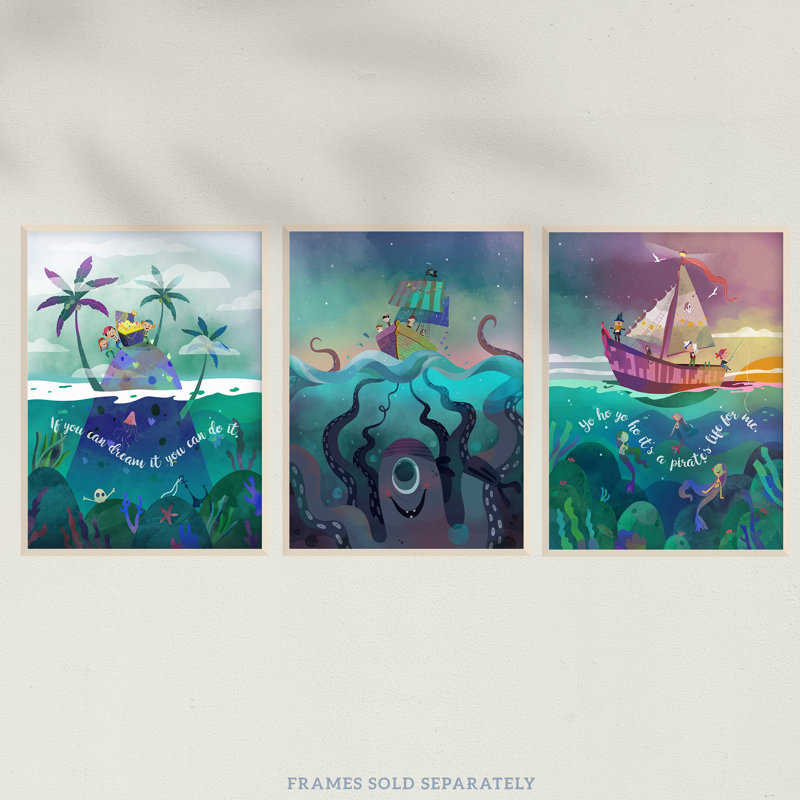 Kids Bedroom Sailor Sea Pirate Treasure Fun Adventure Nautical - 3 Piece No Frame Print Set, 29.7cm H x 21cm W x 0.4cm D