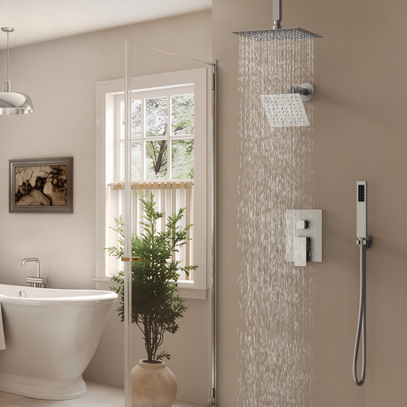  Système de douche à pluie avec douchette à main et ensemble de quincaillerie de salle de bain 4 pièces, tête de 10 po