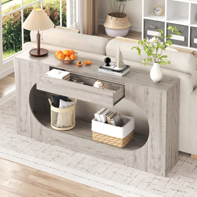 Console en grain de bois, table d'entrée en panneau de particules avec tiroir de rangement, table d'appoint à découpes ovales creuses et à découpes pour hall d'entrée, 11,8 po x l 63,5 po x H 31,5 po