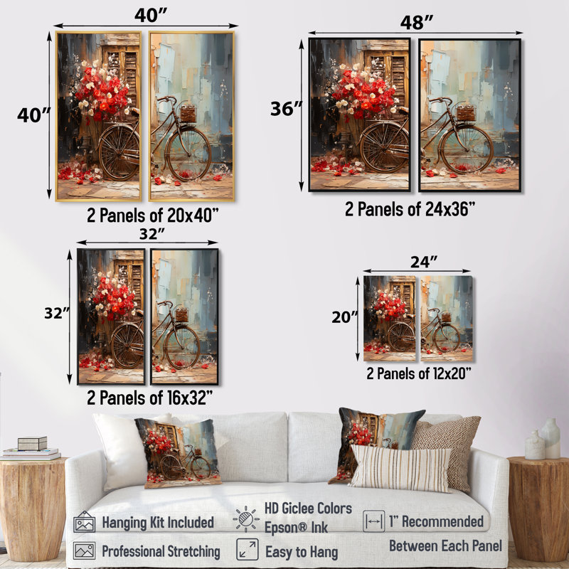 Crimson Ride Red Flowers - Art mural moderne 2 panneaux, Noir, H 36 po x l 48 po, Impression encadrée flottante