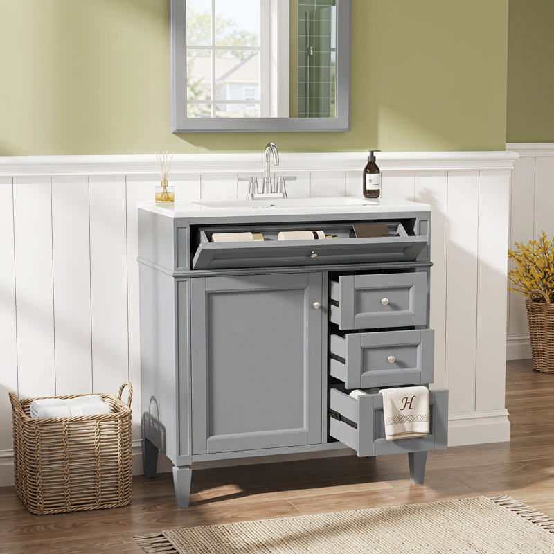 Meuble-lavabo de salle de bain 30 po avec lavabo supérieur, meuble-lavabo moderne avec 2 tiroirs et tiroir escamotable, meuble-lavabo simple