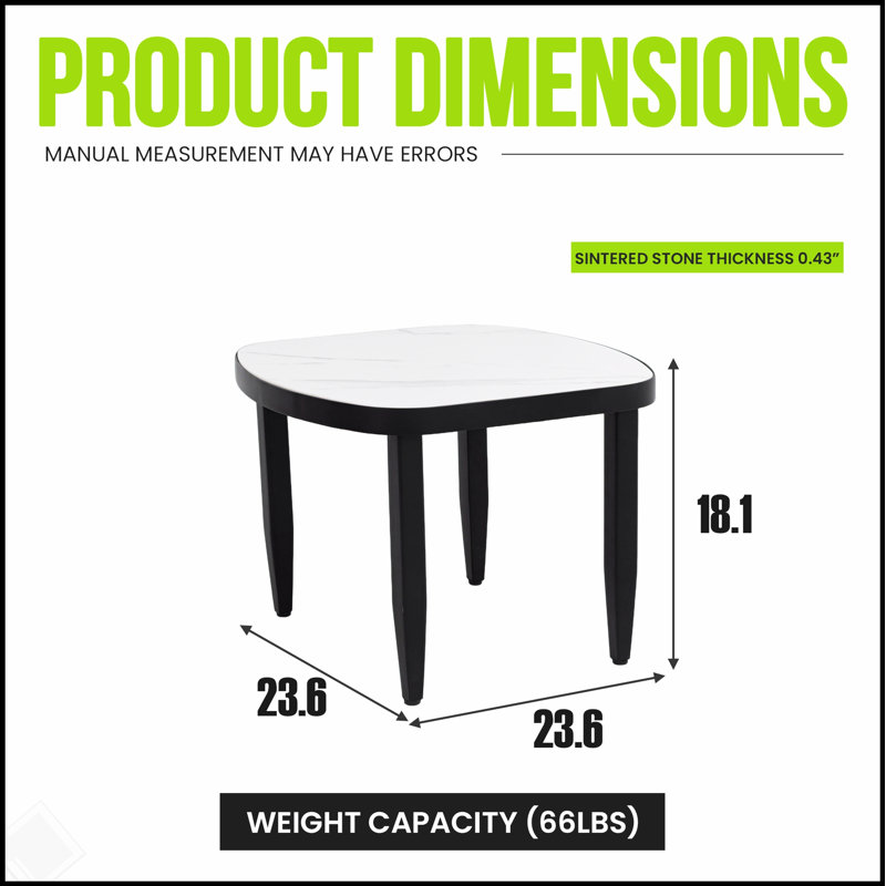 Table d'appoint Modern Modern Elegance Arc 23,6 po avec plateau en pierre frittée d'inspiration marbre blanc grec, structure en aluminium, pieds fuselés et coins arrondis, résistant aux intempéries et à la rouille