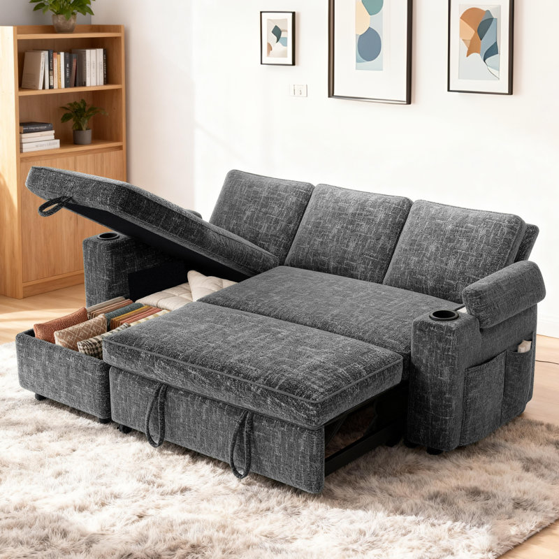 81'' Pull Out Sofa, Sleeper Sofa Couch With Storage Chaise, Chenille Sofa Bed With Pull Out Bed, Convertible Sleeper Sofas For Living Room, Small Spaces