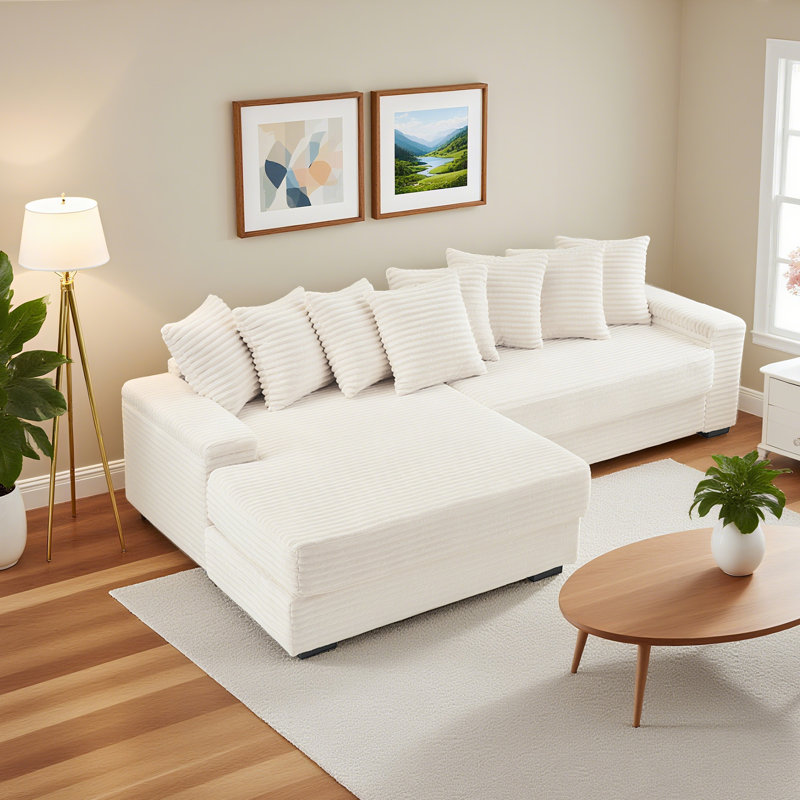 111.4 "beige Flannelette Sofa, Elegant Shelter Choice - Living Room, Bedroom, Office Ideal Companion, With Eight Exquisite Throw Pillows, More Warm And Cozy. Matching Foot Design.