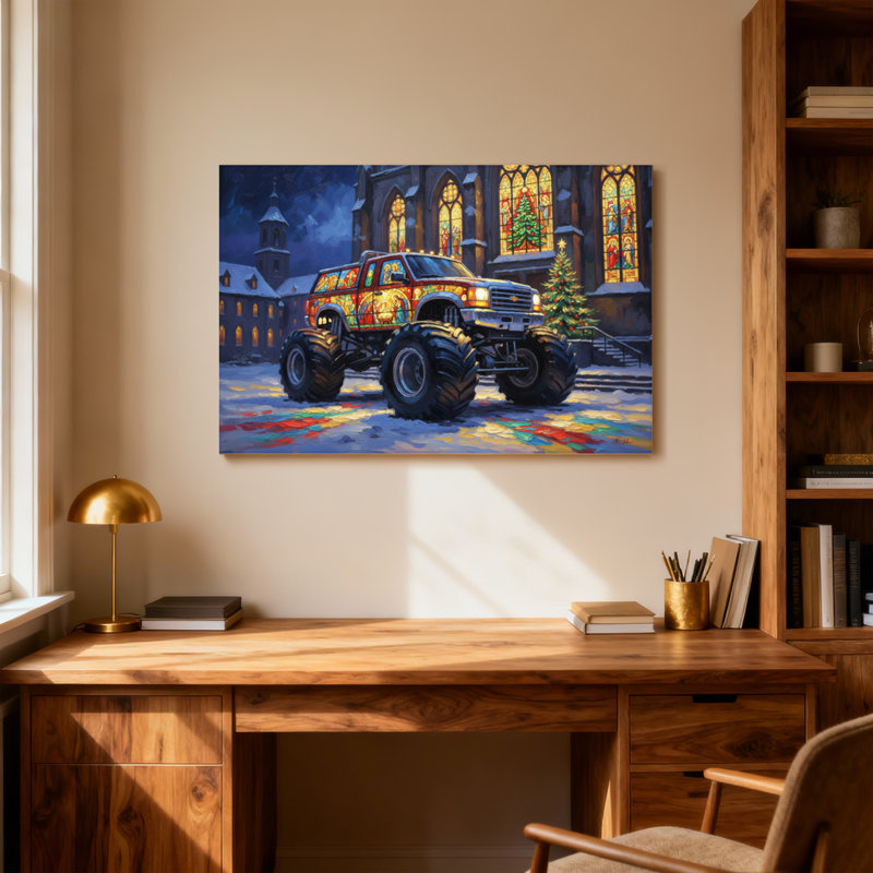 Scène de Noël de Noël avec un camion monstre coloré, H 28 po x l 40 po