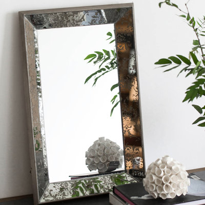 Antique Silver 24" X 15" Rectangle Mirror With Floral Beautification, Wall Hanging & Mirrored Tray For Home Ornament Bedecked Mirror,