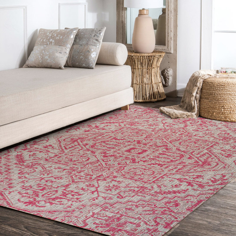 Truman Bohemian Medallion Textured Weave Light Gray/Fuchsia Indoor/Outdoor Rug, Rectangle 3'11" x 6'