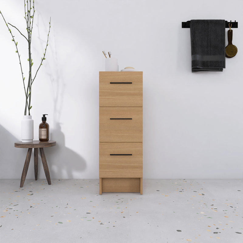 Armoire de rangement autoportante 12 po avec trois tiroirs, chêne clair 12 po