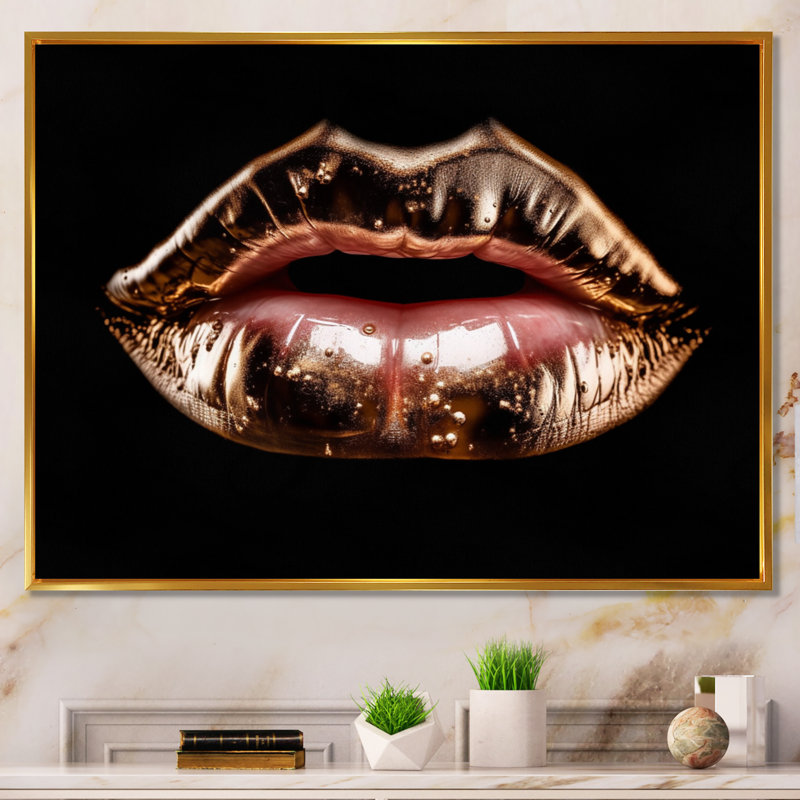Rosegold Lips of Luxury - imprimé, H 24 po x l 32 po x P 1 po, Cadre flottant doré