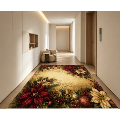 Tapis de Noël vintage à motif poinsettia, lavable à la machine, avec envers antidérapant, motif floral festif, décoration intérieure chaleureuse pour salon, chambre, couloir, cuisine, balcon, appartement