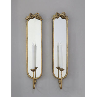 Set of 2 6x4.5x28" Gold Mirrored Wall Sconces with Decorative Iron Candle Holder