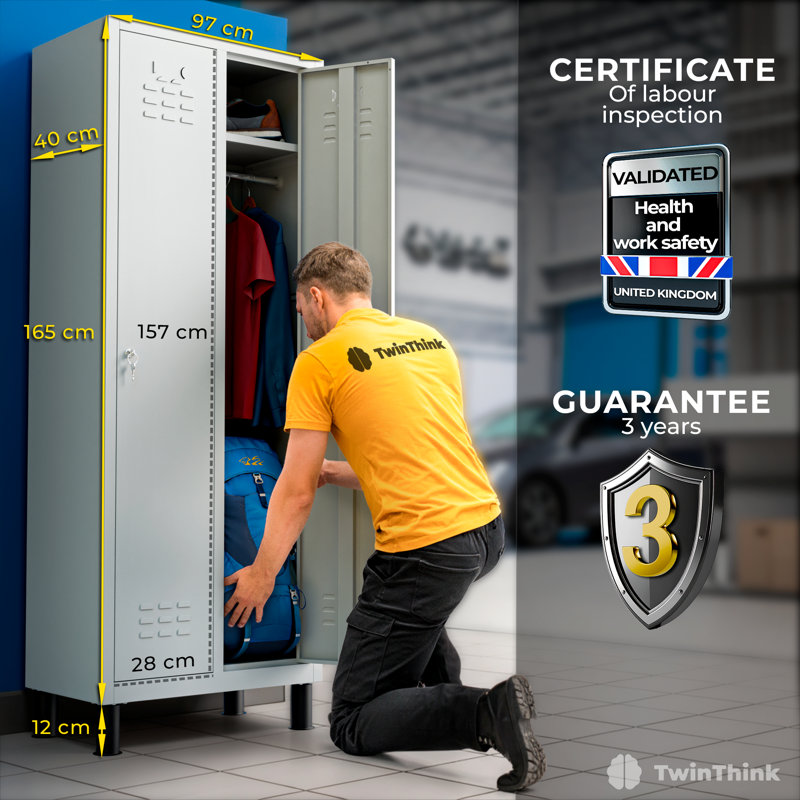  2-Door 180 cm Metal Locker Cabinet, Lockable Storage Locker Metal Cabinet for Office, Gym, Garage & School, Gray, Grey