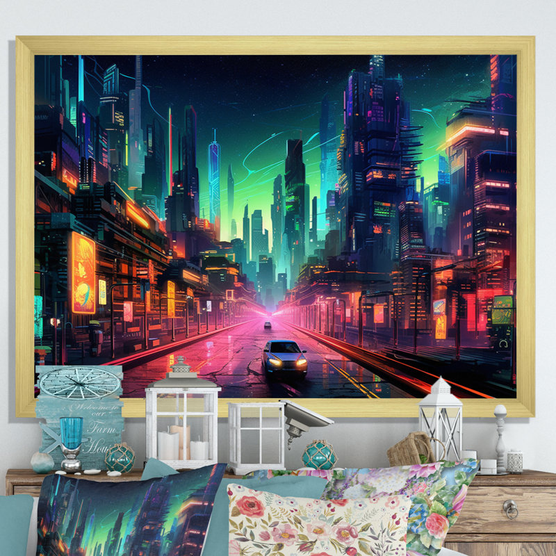 "Berlin Neon Cityscape I", reproduction d'art sur toile, H 16 po x l 32 po x P 1 po, Encadrement doré