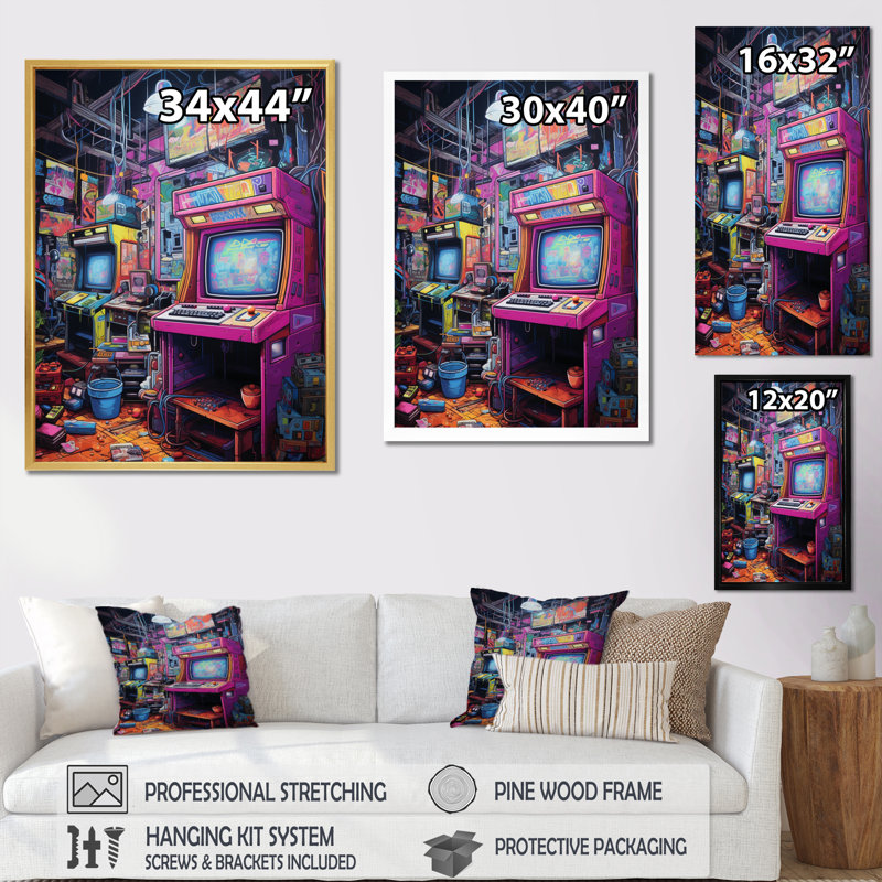 Jeu vidéo mauve bleu rétro, H 44 po x l 34 po x P 1,5 po, Cadre doré à une seule photo