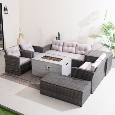 Small Firepit With 1503 Wicker 7 - Person Patio Conversation Set with Cushions
