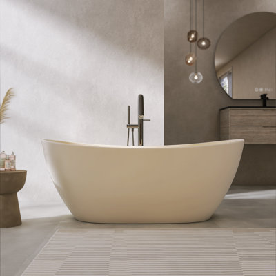61 inch Freestanding Soaking Bathtub Solid Surface Oval Tub with Ergonomic Body‑Contoured Design for Bathroom Matte Cream