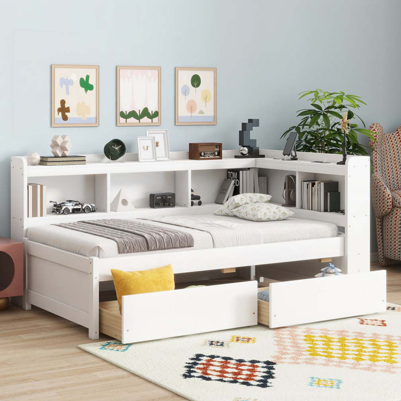 Lit simple en forme de L avec bibliothèques avec prises de courant, ports de chargement USB, deux tiroirs, blanc