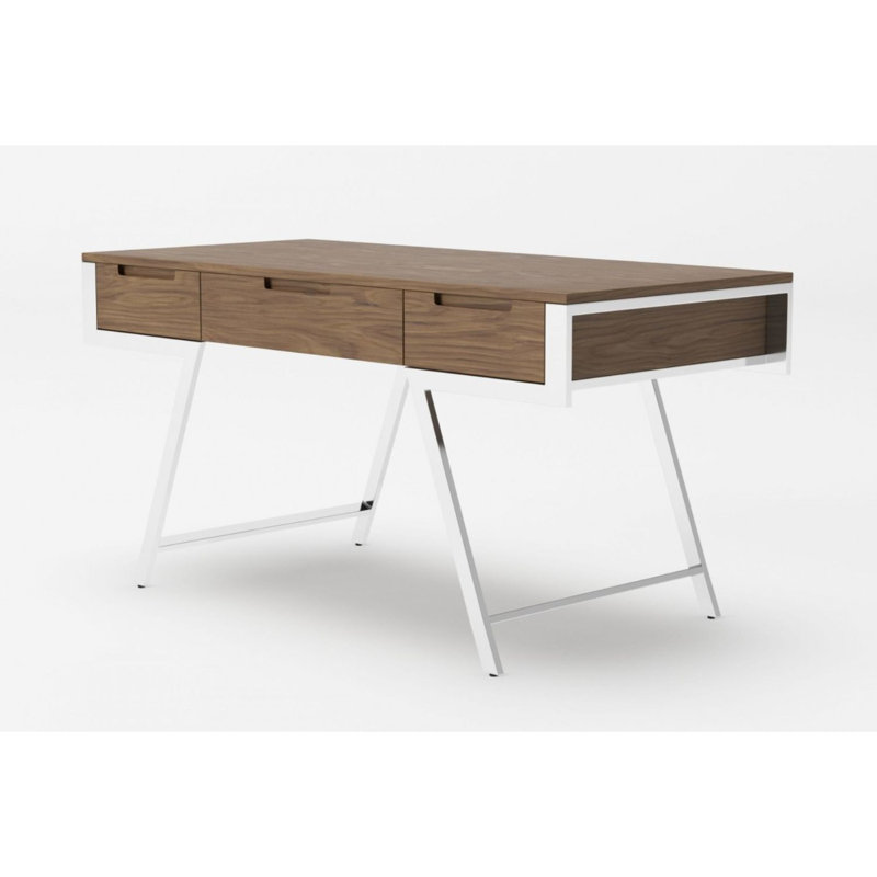 Bureau d'écriture rectangulaire en noyer et chrome 63 po avec trois tiroirs, Noyer