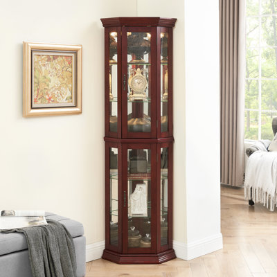 Cherry Display Cabinet, Lights, Tempered Glass Shelves, Mirrored Back Lighted Curio Demonstration With And