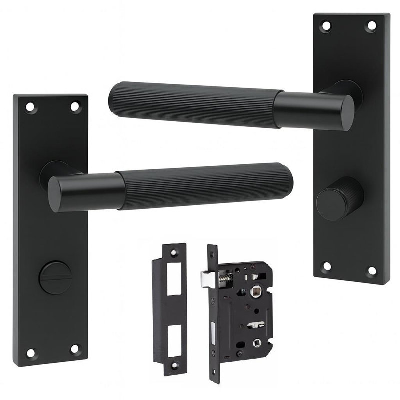 Golden Grace Victorian T-Bar Linear Design Bathroom Lock Door Handle Set Matt Black Finish with Mortise Lock