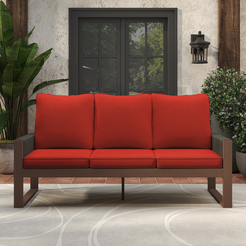 Canapé en bois tissé à accoudoirs pour 3 personnes avec coussins lavables amovibles (rouge et beige), Rouge
