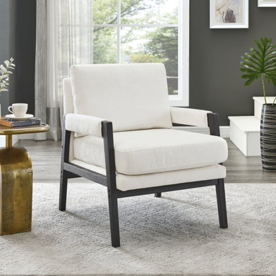 Fauteuil moderne en chenille avec coussin, structure en bois noir, dossier amovible, siège d'une hauteur de 19 po, chaise rembourrée en bois blanc, coussin réglable,