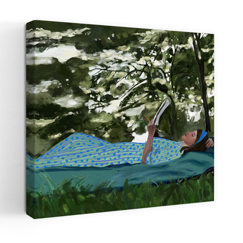 Femme lisant à l'extérieur, paisible, serein, nature abstraite, été, art mural, H 18 po x l 18 po