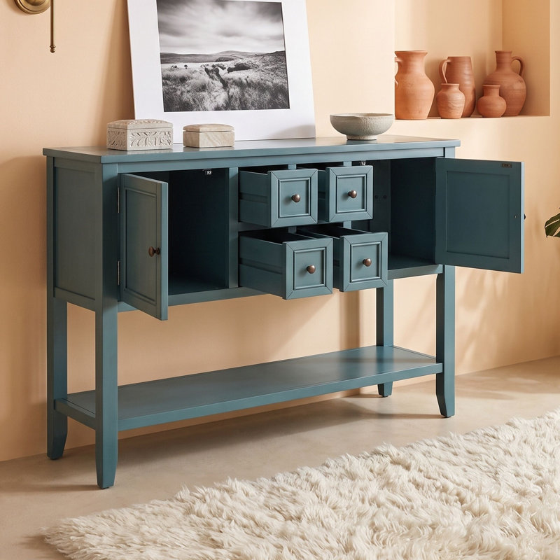 Console rétro avec 4 tiroirs, 2 armoires de rangement, tablette inférieure ouverte et poignées en métal, Bleu très foncé