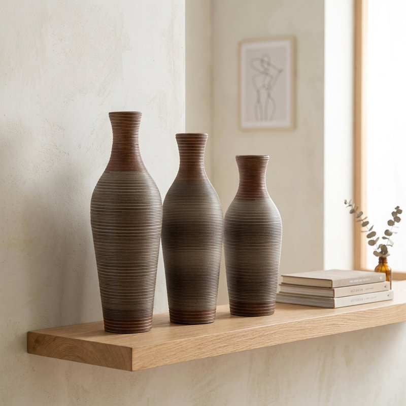 Ensemble de 3 vases de plancher en rotin de PVC - Vases décoratifs de style campagnard brun pour décoration intérieure Boho