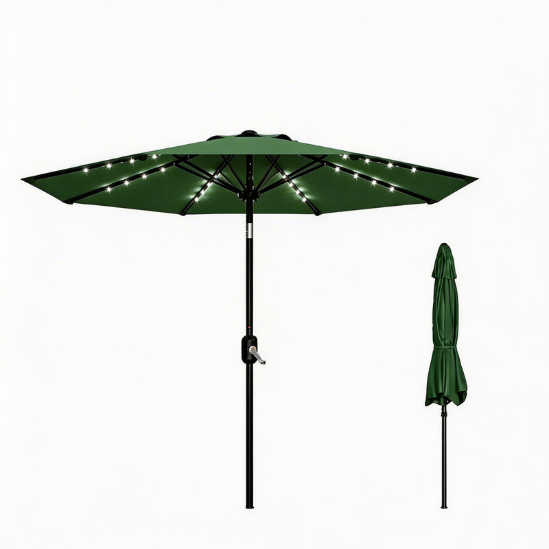 Parasol de patio 9 pi, 8 baleines robustes, avec lumières, Vert foncé