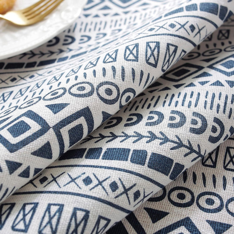 White Blue Boho Cotton Linen Table Clothes with Tassels for Rectangle Tables
