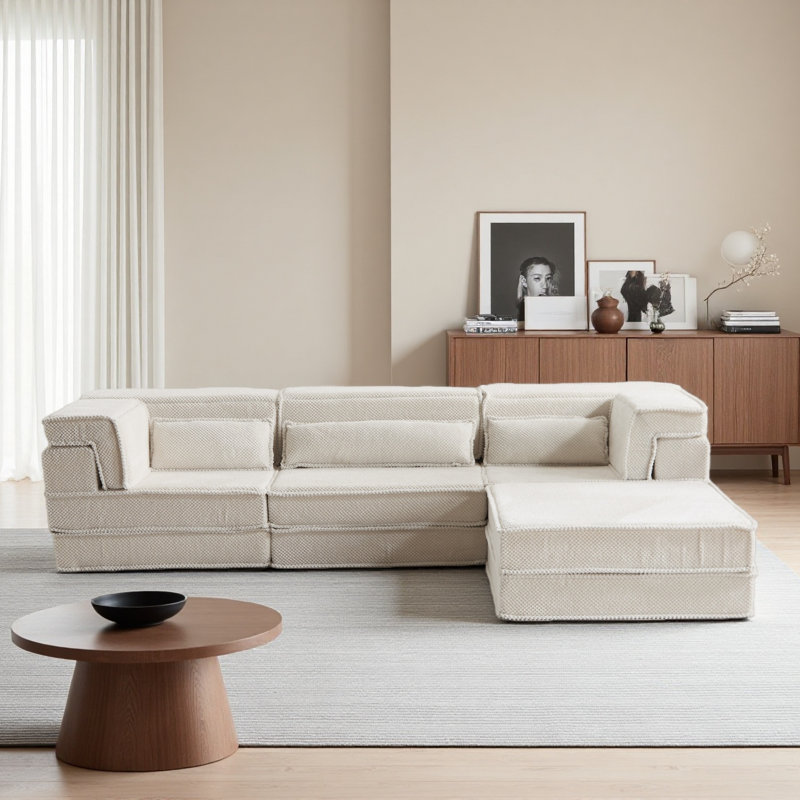 Compression Mahjong Sofa,Convertible Floor Sofa Bed,DIY Boneless Modular Sectional Sofa,No Assembly Required,Circle Fleece Fabric,Oversized 3 Seater With 1 Ottoman
