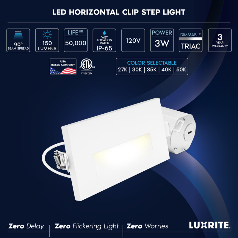 Éclairage de marches à pince à DEL Luxrit, 5CCT, 3W, 150 lumens, diffusion à 90 °, intensité variable, 120V, étanche IP65, étanche et ETL, paquet de 6