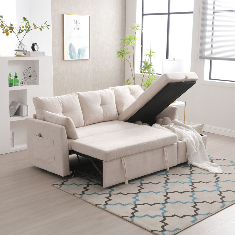 Vaya 2 - Piece Pull Out Sectional Sleeper Sofa With Storage Chaise, Beige Chenille