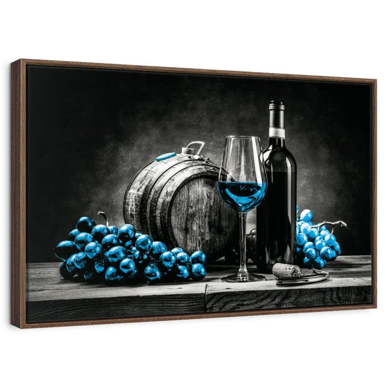 Vin et raisins - bleu éclatant, Cadre flottant noyer, 31 po x 21 po