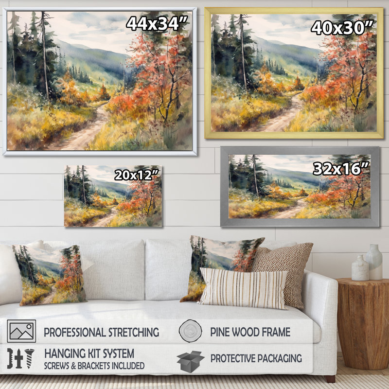 Petite route dans un paysage de montagne VII - forêt, art mural, H 24 po x l 32 po x P 1 po, Cadre flottant noir